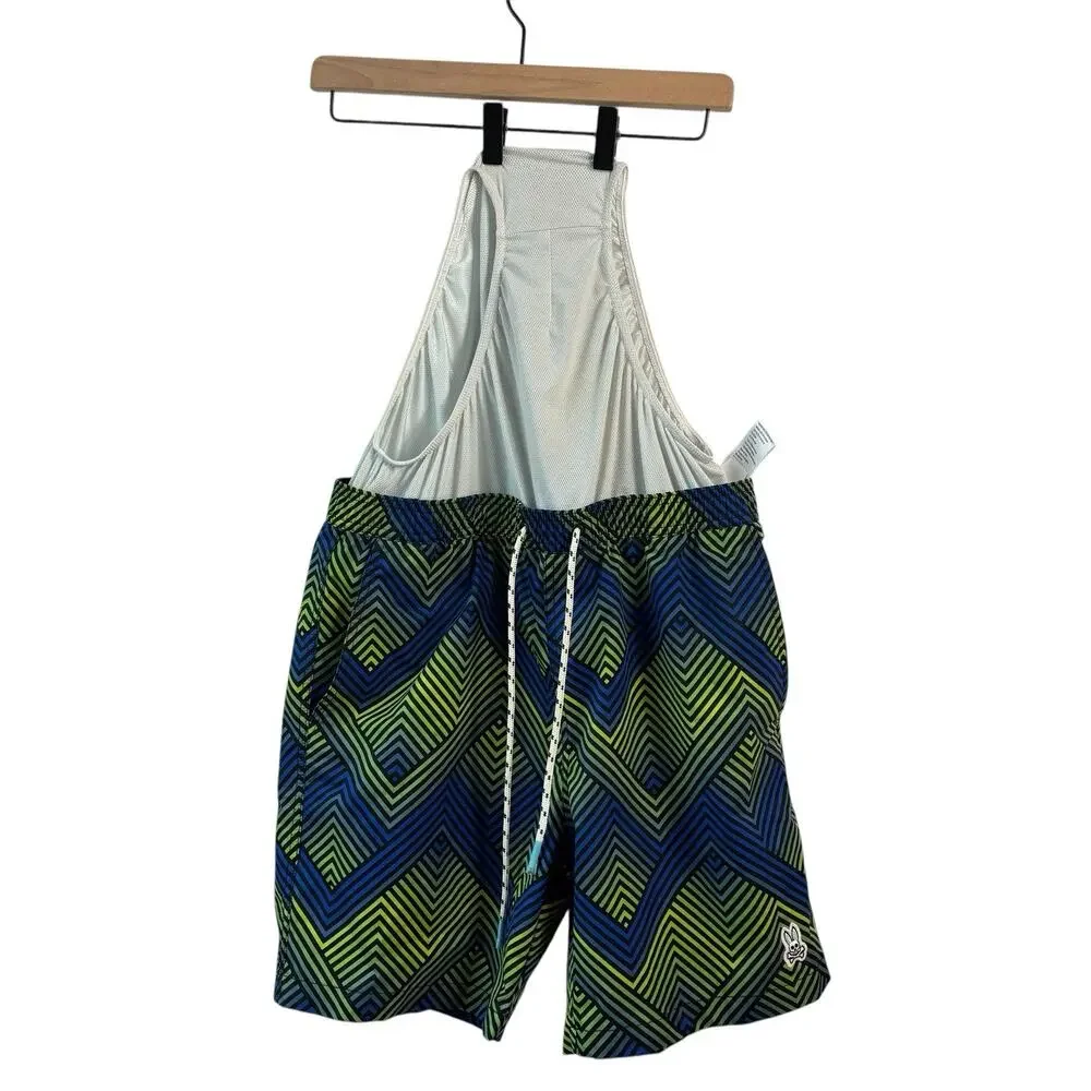 Psycho Bunny Swim Trunks Large Blue Green Adrian Chevron Logo Board Shorts Beach